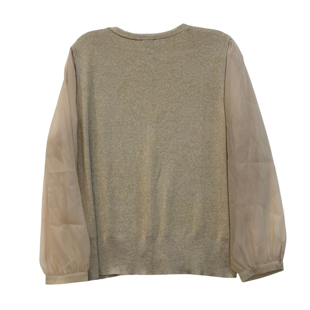 Talbots Plus 2X Metallic Gold‎ Knit V-Neck Sweater Sheer Chiffon Sleeve NEW - Picture 2 of 7